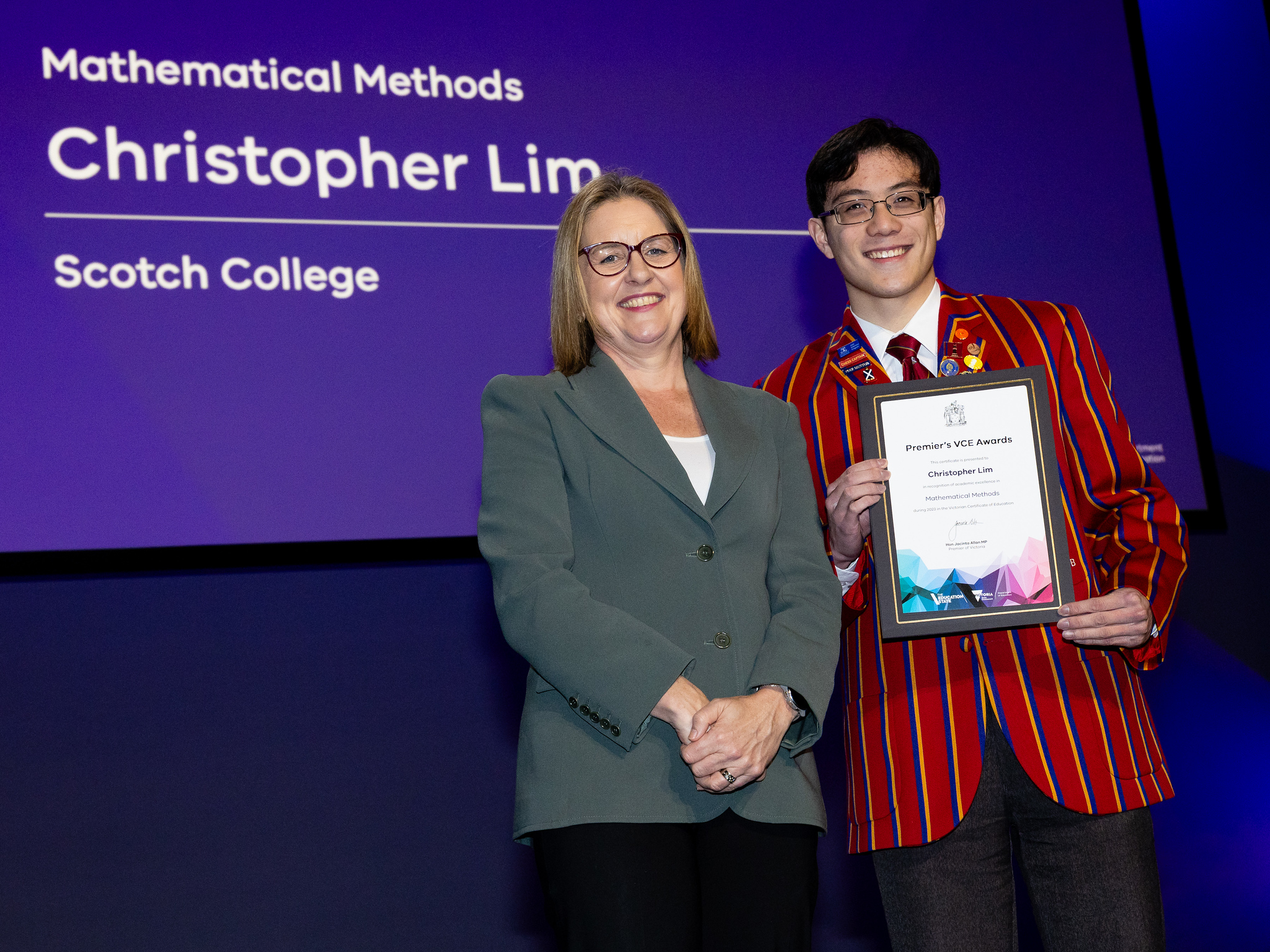 Christopher Lim receiving the Premier's VCE Award for Mathematical Methods